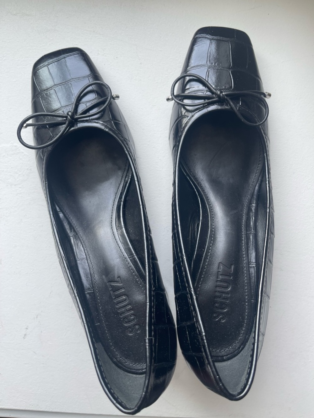 SCHUTZ Black Croc-Embossed Square-Toe Slip-On Flats